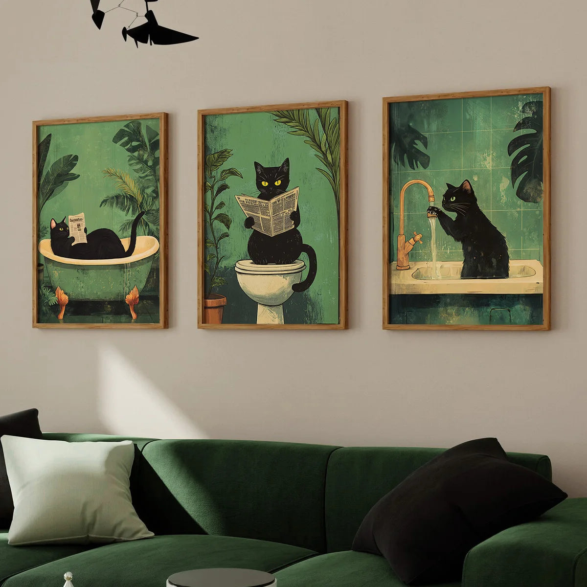 Retro Black Cat Bathroom Wall Art