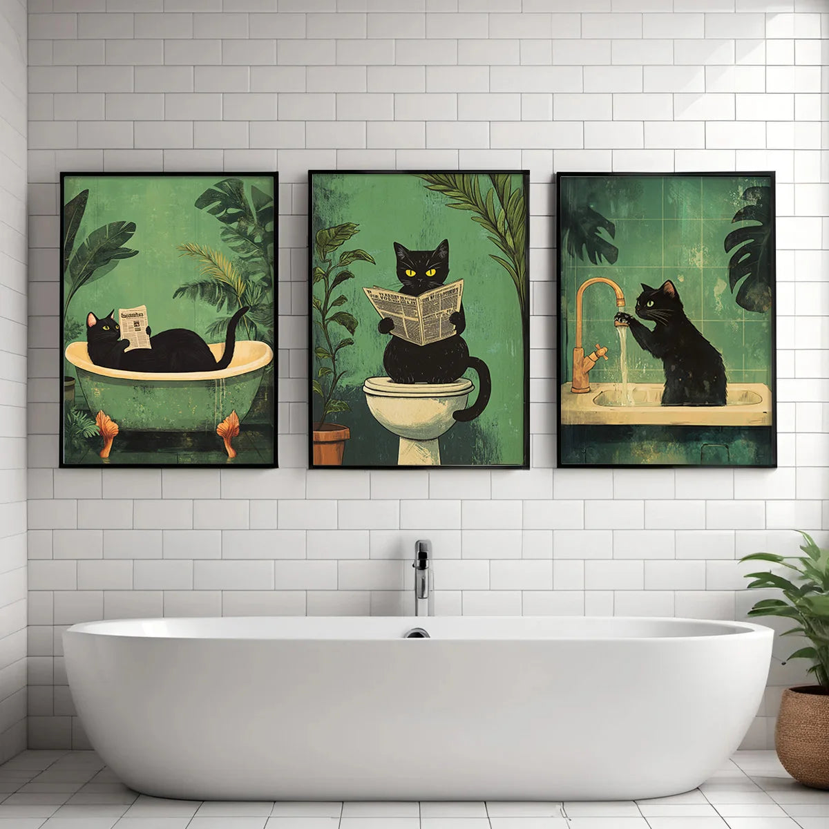 Retro Black Cat Bathroom Wall Art
