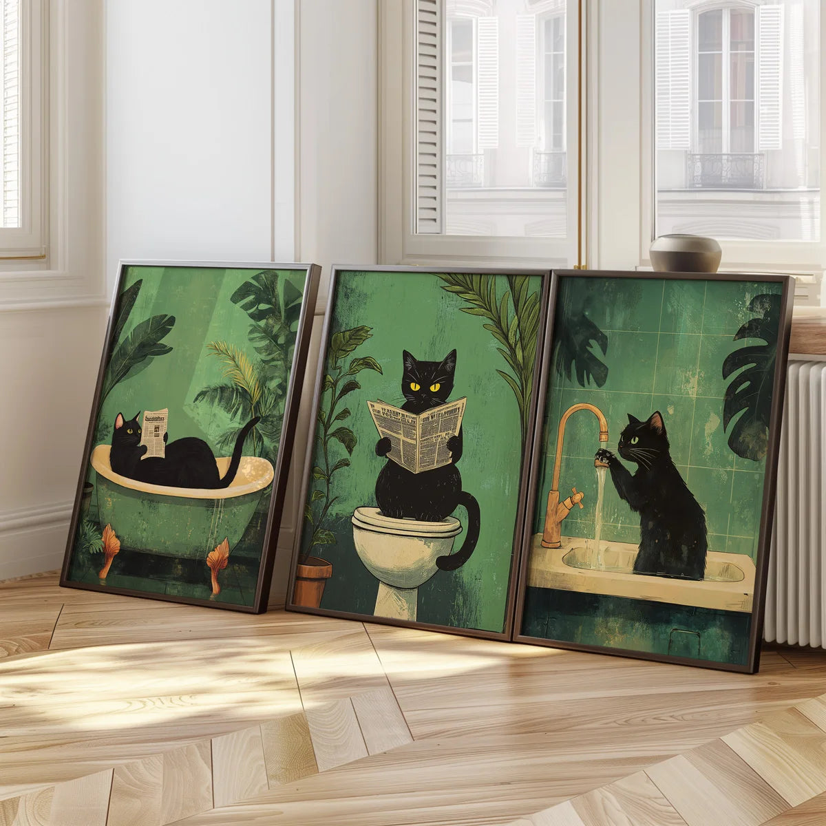 Retro Black Cat Bathroom Wall Art