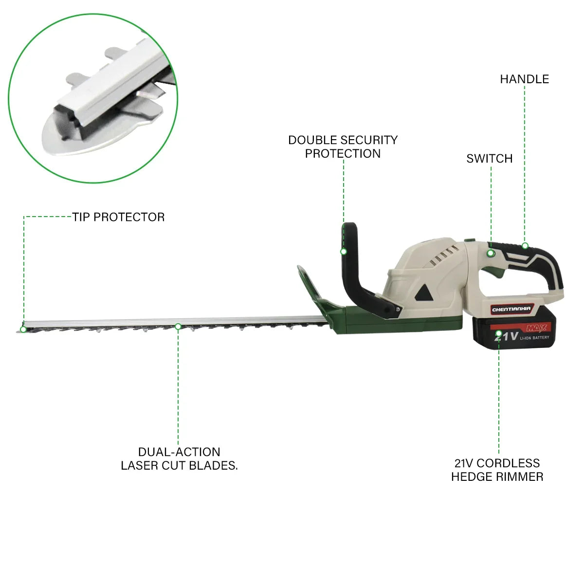 21V Cordless Brushless Hedge Trimmer