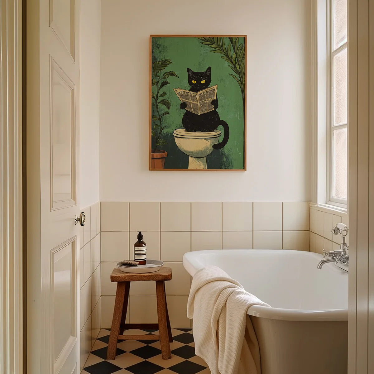 Retro Black Cat Bathroom Wall Art